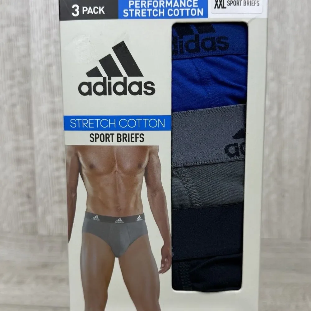Adidas Men’s XXL Sport Briefs Underwear 3-Pack Stretch Cotton Blue Black Gray